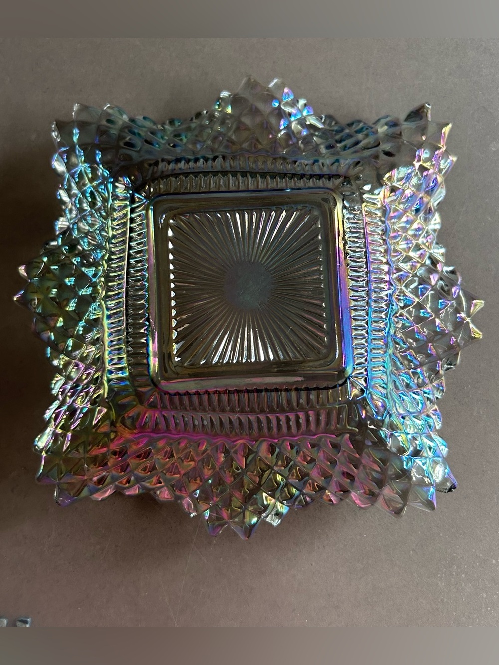 Vintage Iridescent Carnival Glass Square Ruffled Bowl Diamond Pattern READ
